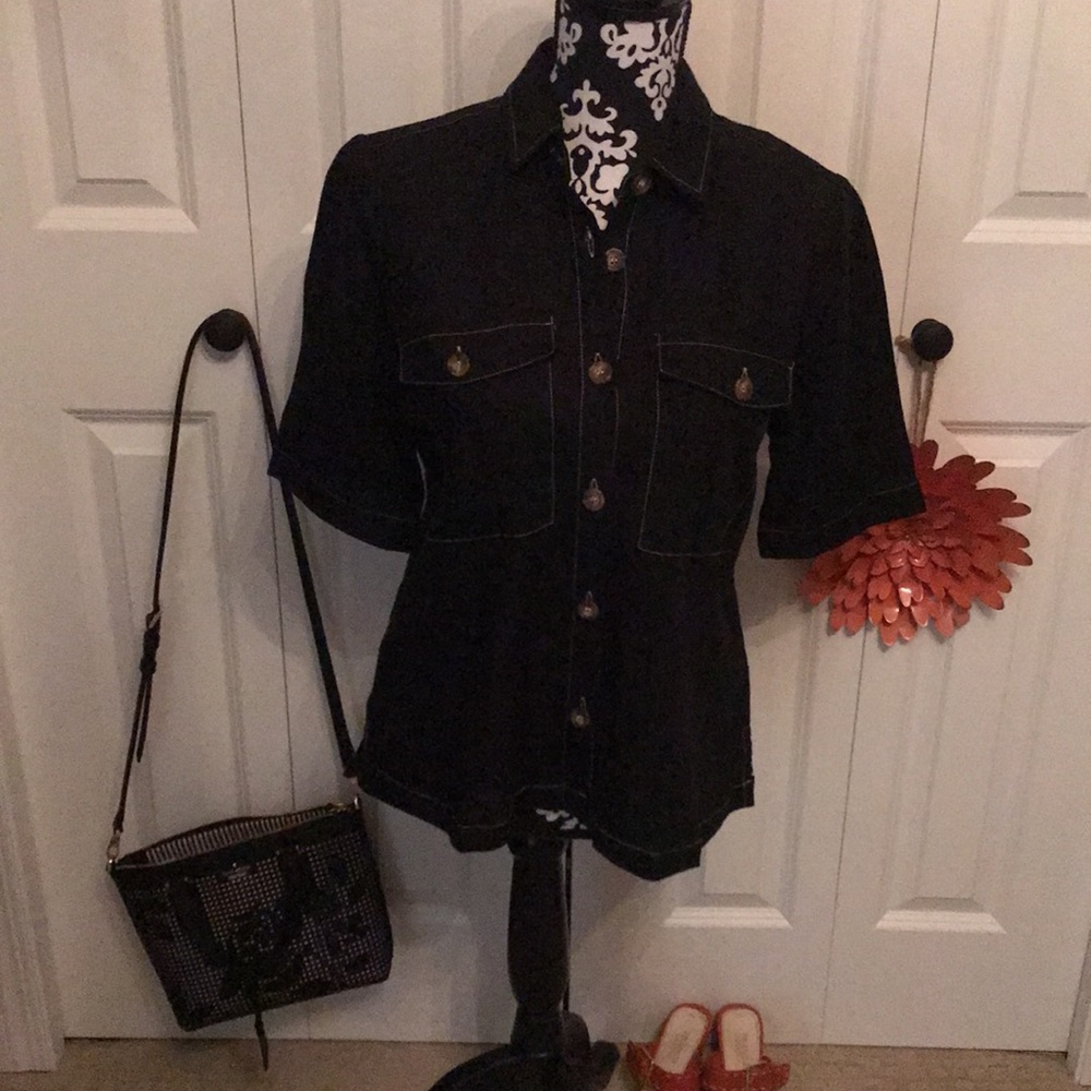 Black linen blouse with white stitching